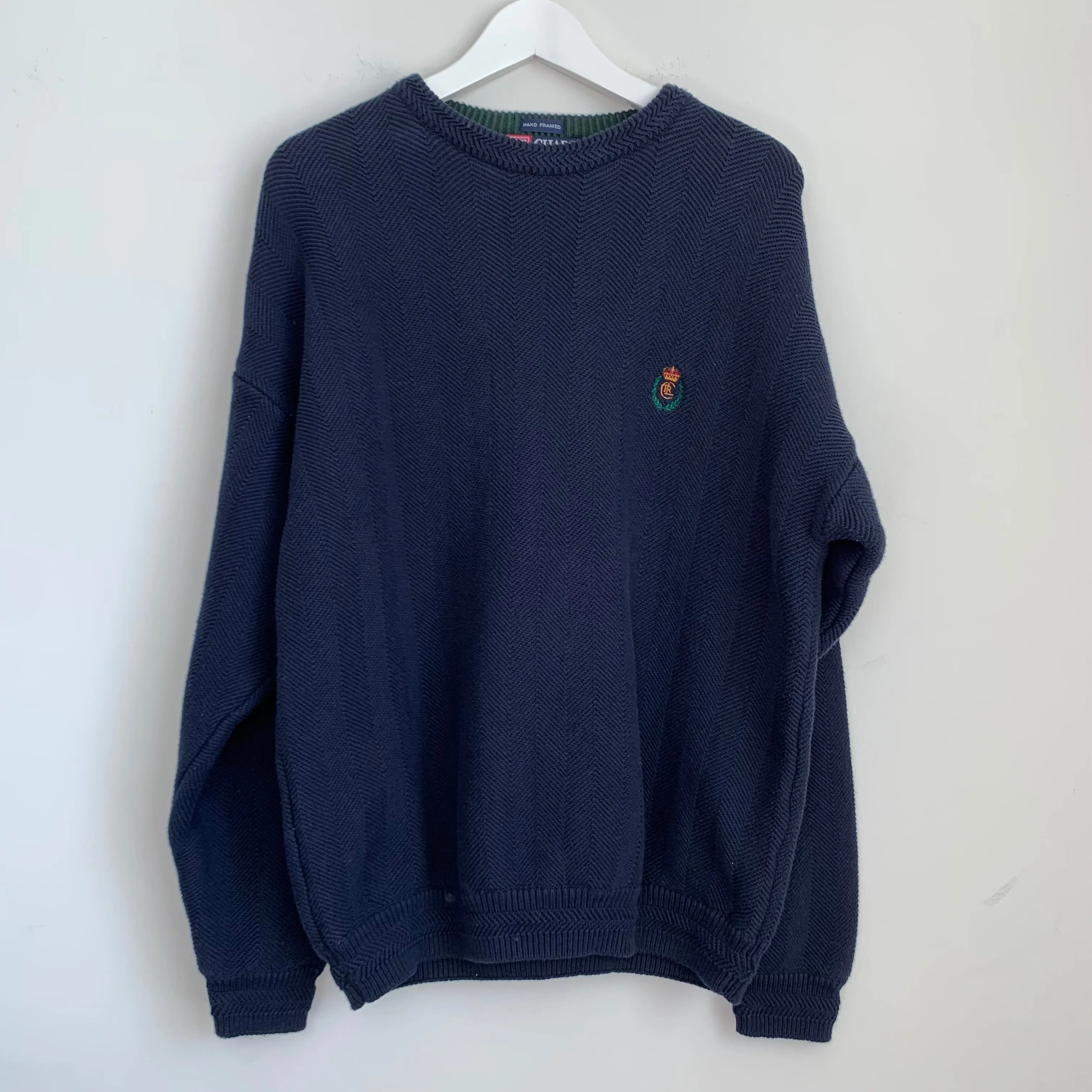 90s Chaps Ralph Lauren Collab Chunk Knit Grandpa Sweater Size Xl Navy Blue Cotton