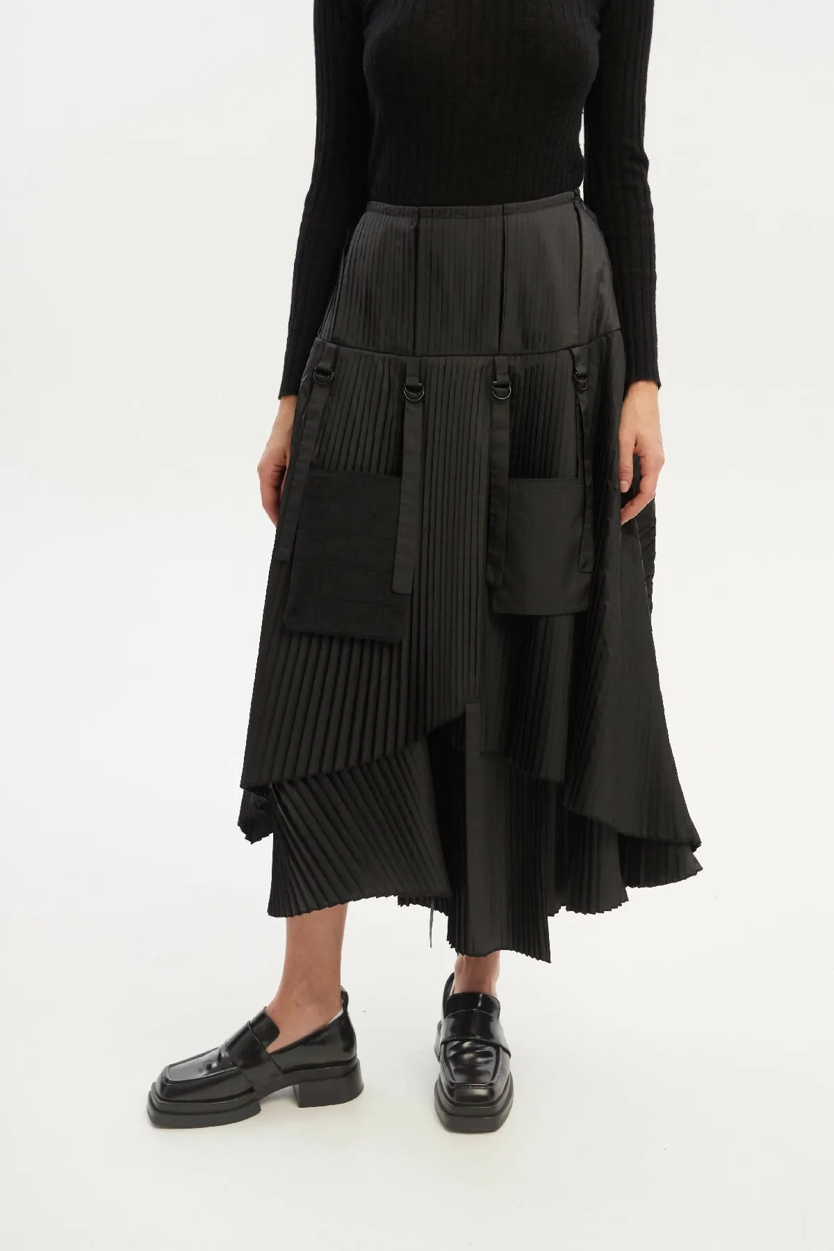 Asymmetric A-Line Midi Skirt With Layered Pleated Parts and Detachable Pockets