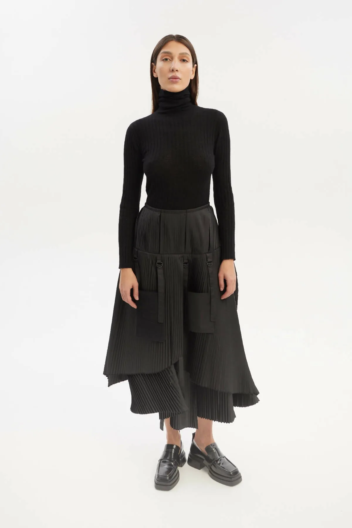 Asymmetric A-Line Midi Skirt With Layered Pleated Parts and Detachable Pockets