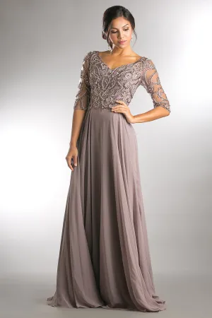 Beaded 3/4 Sleeve V-Neck Chiffon Gown by Amelia Couture 7046 - Outlet
