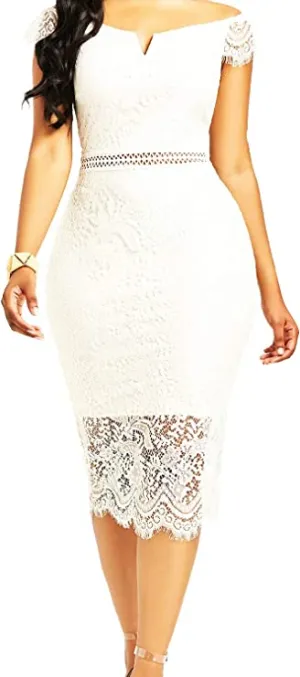 Beige Women's Elegant Floral Lace Bodycon Cocktail Lace Dress - ALLANDWELL