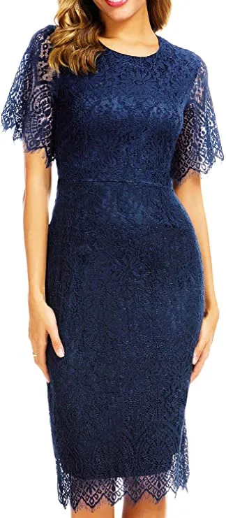 Beige Women's Elegant Floral Lace Bodycon Cocktail Lace Dress - ALLANDWELL