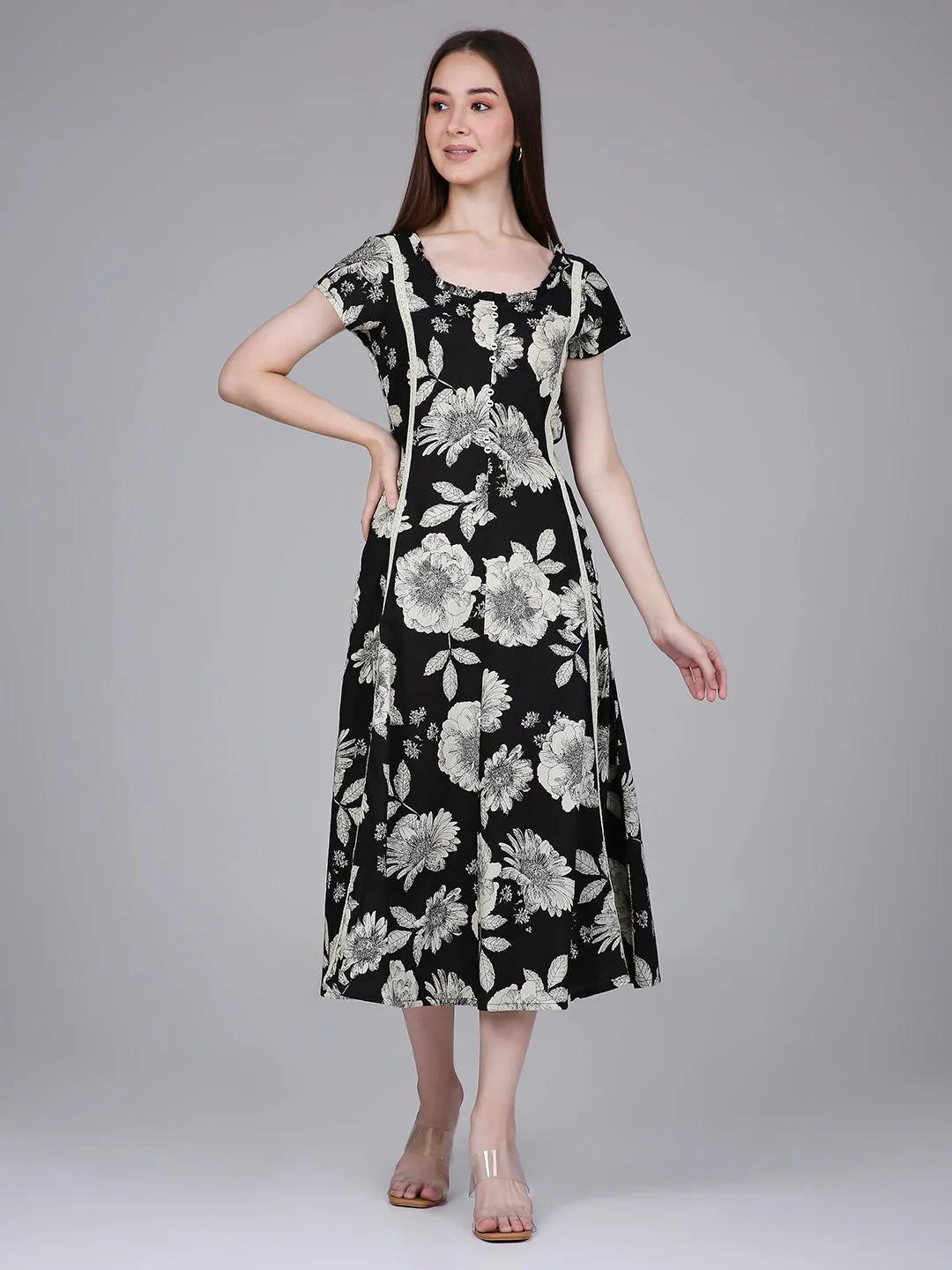Black Waist Tie-up Midi Dress with Floral Print