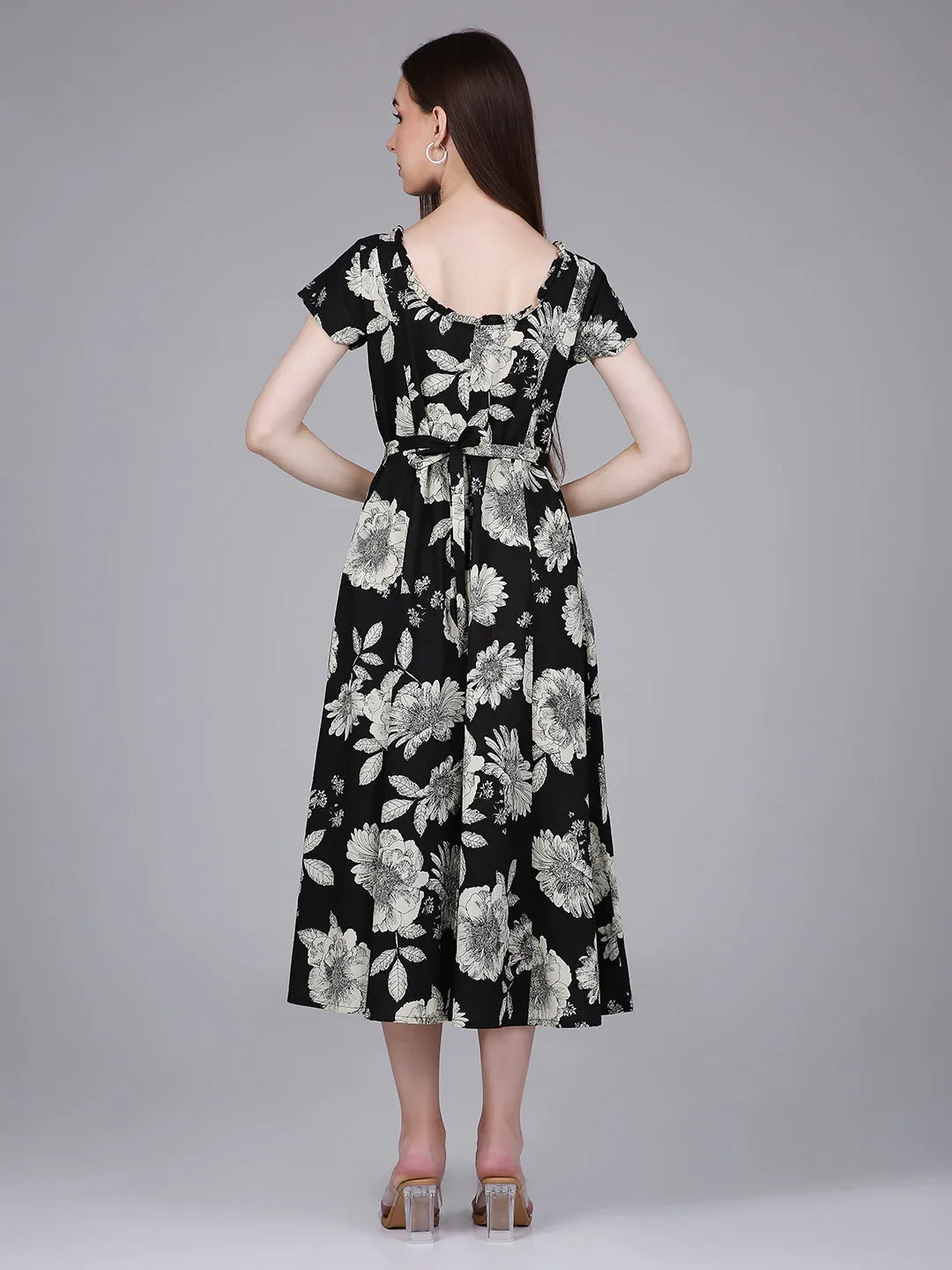 Black Waist Tie-up Midi Dress with Floral Print