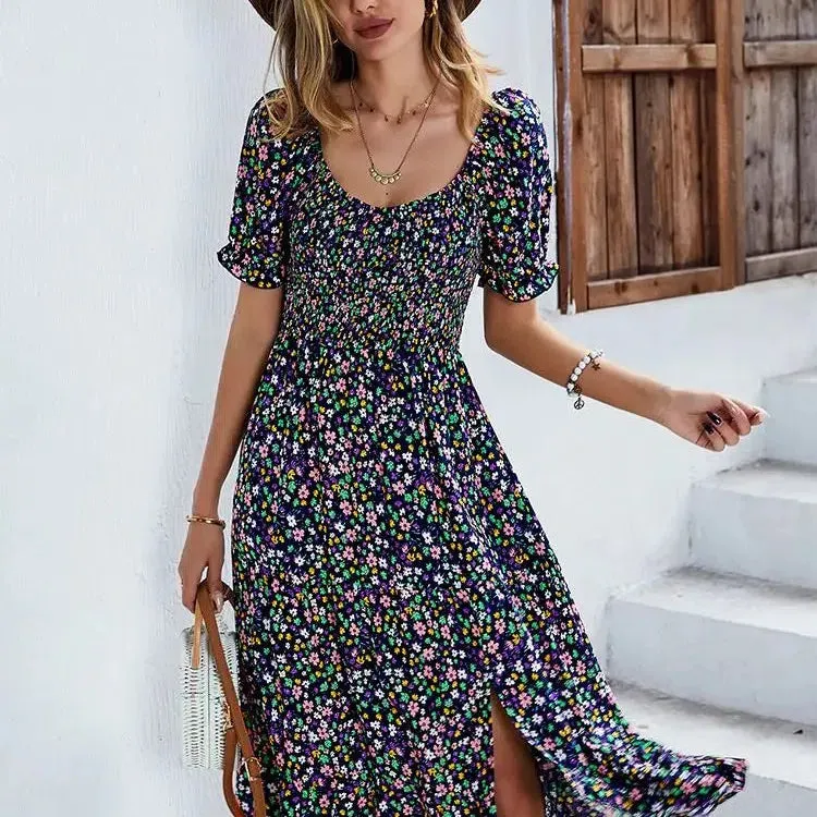 Bohemia Print Dress Women New Summer Midi Dress Puff Sleeve