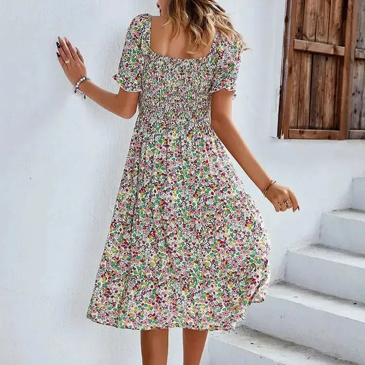 Bohemia Print Dress Women New Summer Midi Dress Puff Sleeve