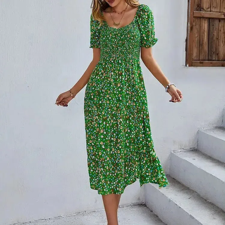 Bohemia Print Dress Women New Summer Midi Dress Puff Sleeve