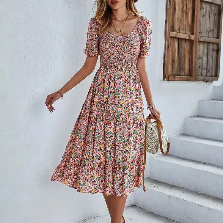 Bohemia Print Dress Women New Summer Midi Dress Puff Sleeve