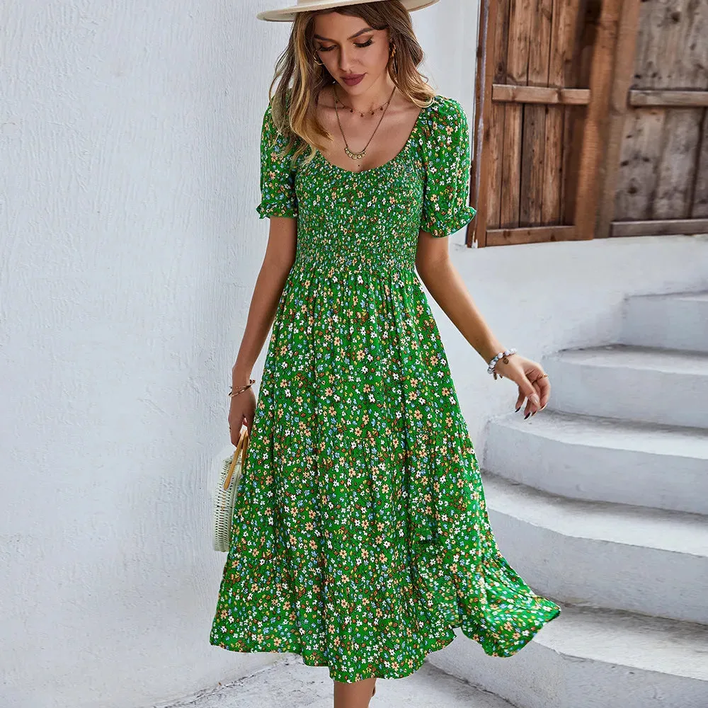 Bohemia Print Dress Women New Summer Midi Dress Puff Sleeve