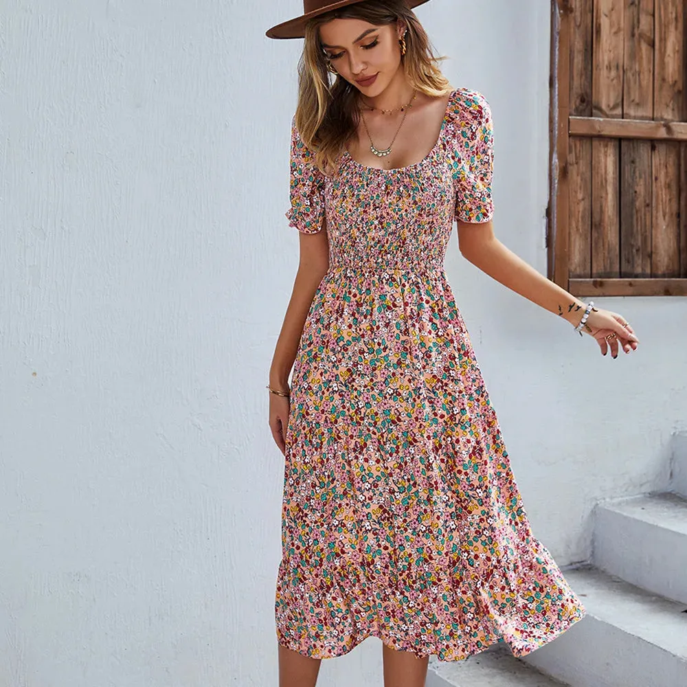 Bohemia Print Dress Women New Summer Midi Dress Puff Sleeve