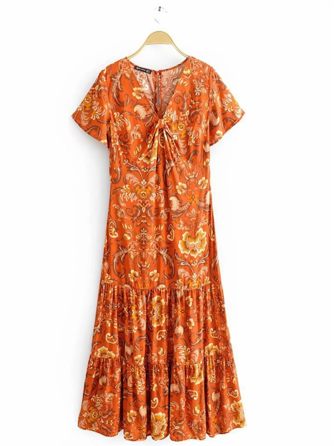Boho V Neck Boho Midi Dress In Rusty