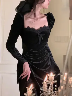 Bonnyshow  Autumn Black Velvet Midi Dress Casual Korean Fashion Elegant Party Dress Woman Long Sleeve Vintage Lace Dress Slim Design