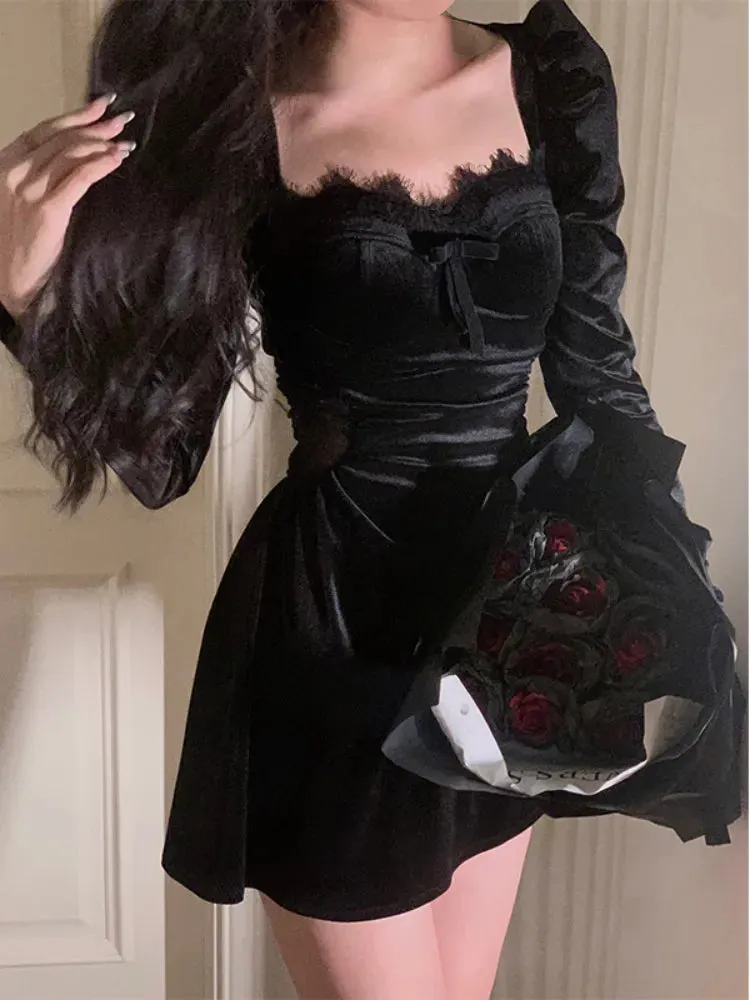 Bonnyshow  Autumn Black Velvet Midi Dress Casual Korean Fashion Elegant Party Dress Woman Long Sleeve Vintage Lace Dress Slim Design