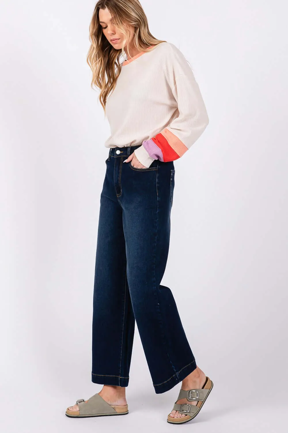 Chic Comfort in Denim Blue High Waist Wide Leg Jeans