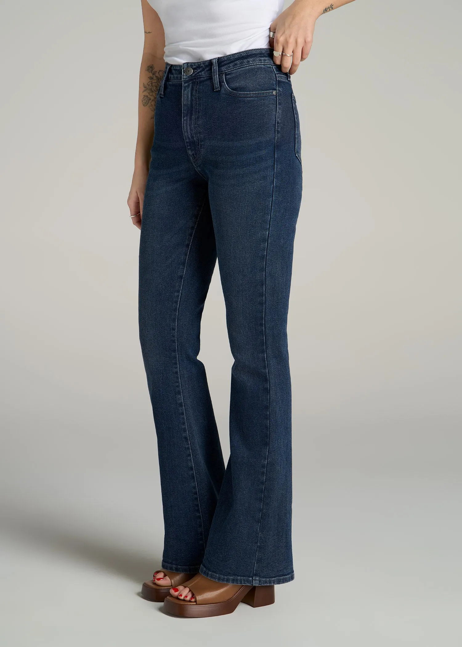 Chloe High Rise Flare Jeans for Tall Women in Faded Dark Indigo