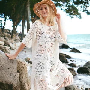 Crochet Tassel Trim Beach Cover Midi Dress