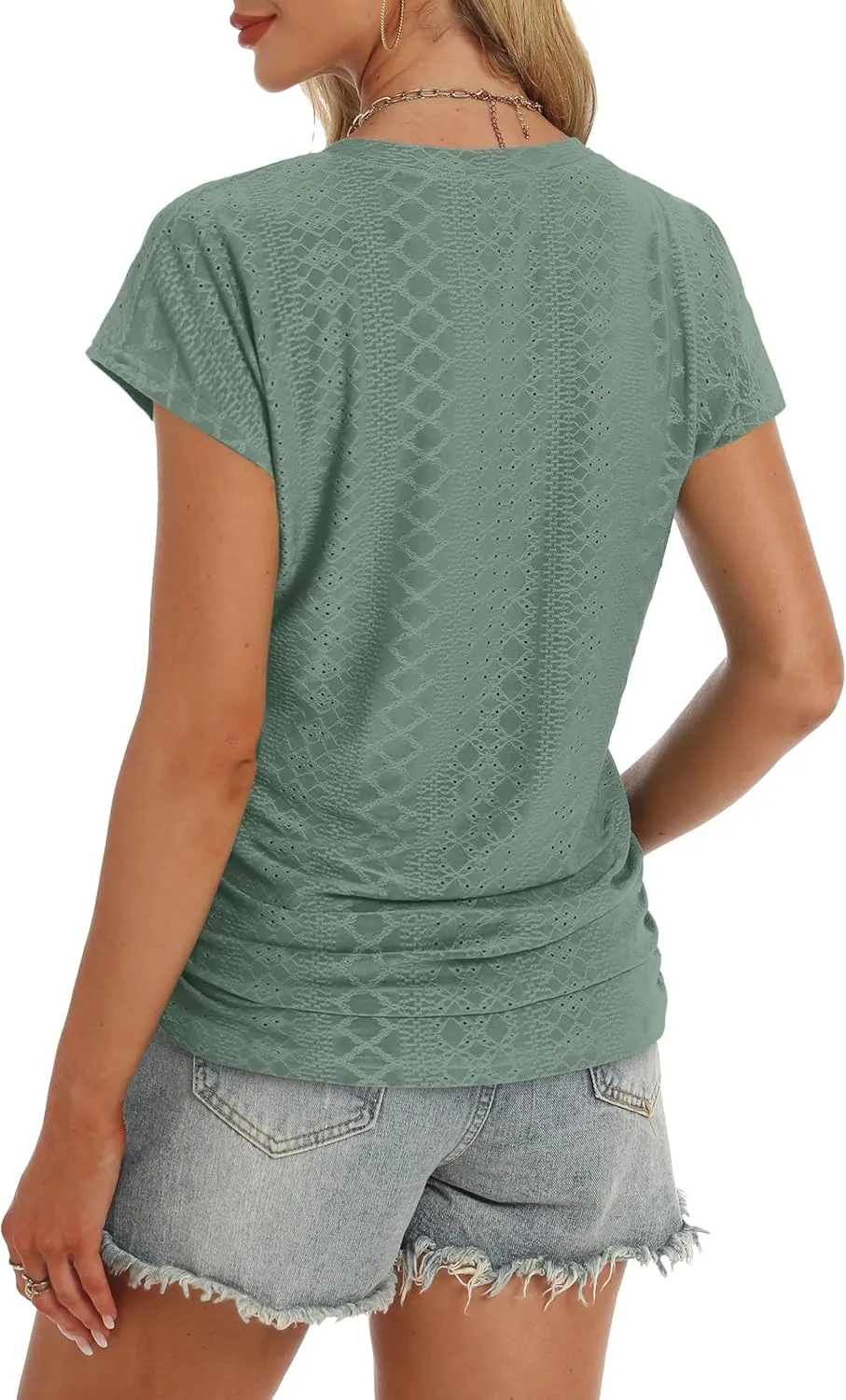 Eyelet Womens Tops Cap Sleeve V Neck T Shirts for Women Casual Loose Basic Tee Summer Shirts 2025 Trendy Clothes