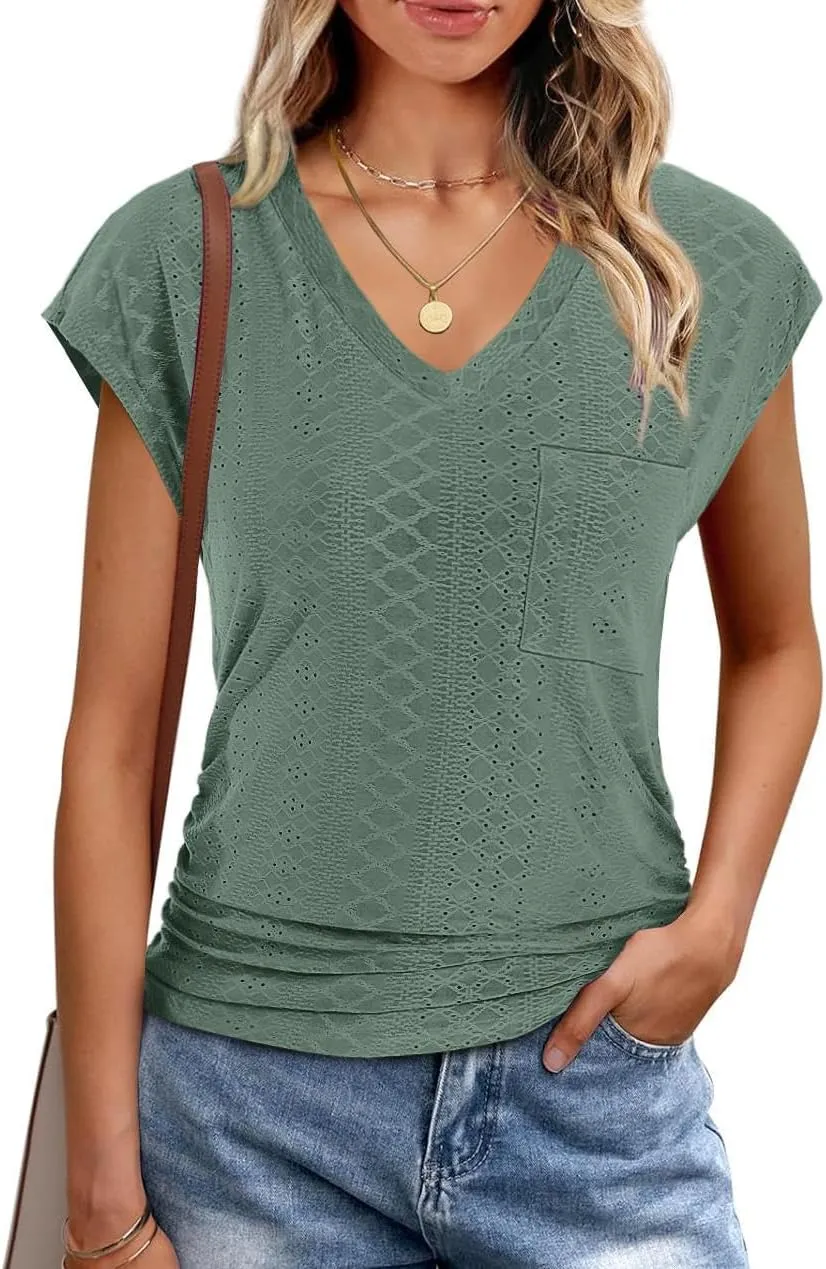 Eyelet Womens Tops Cap Sleeve V Neck T Shirts for Women Casual Loose Basic Tee Summer Shirts 2025 Trendy Clothes