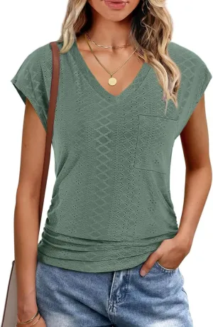Eyelet Womens Tops Cap Sleeve V Neck T Shirts for Women Casual Loose Basic Tee Summer Shirts 2025 Trendy Clothes
