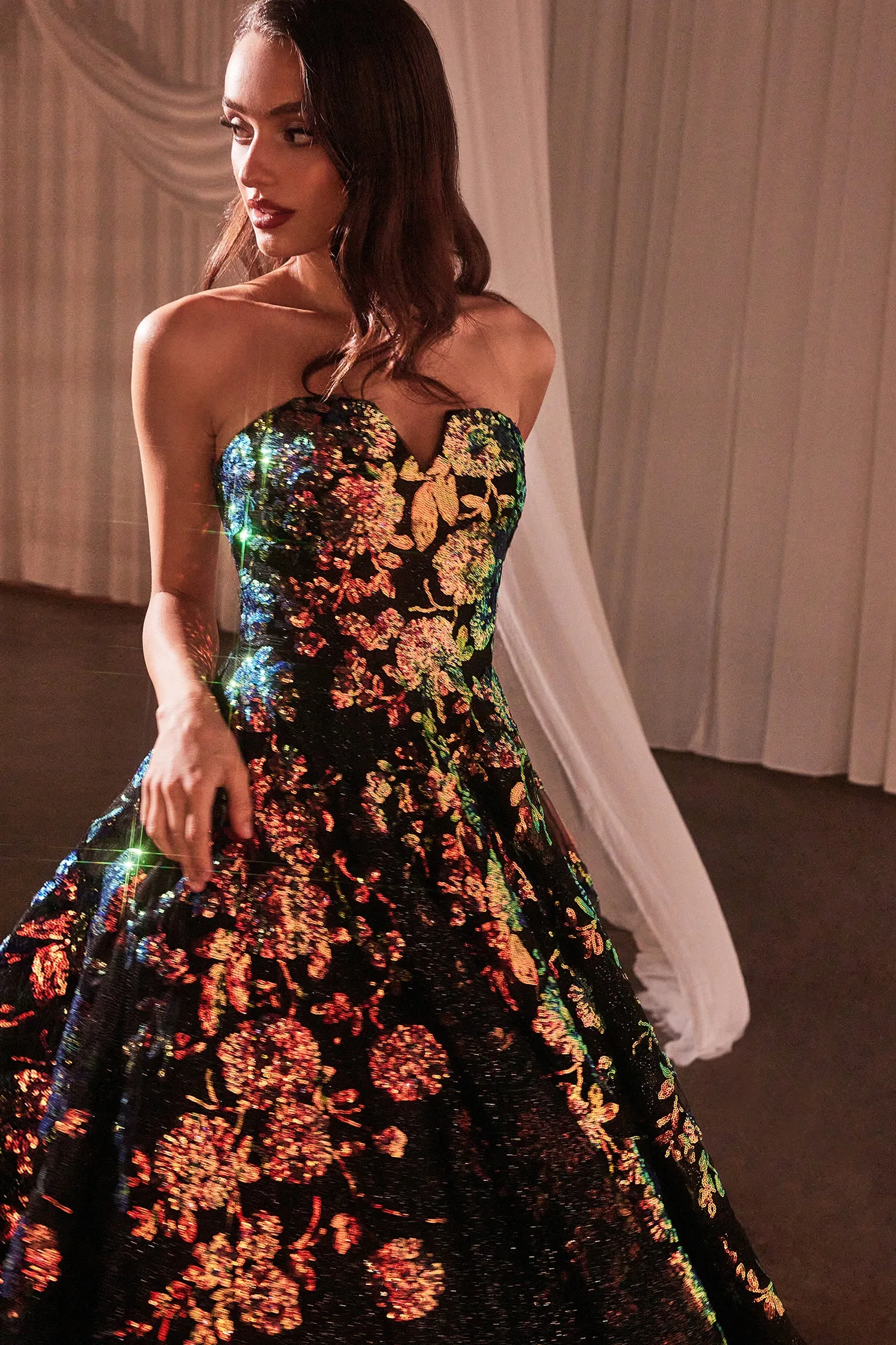 Floral Sequin Print Strapless Ball Gown by Ladivine CR380