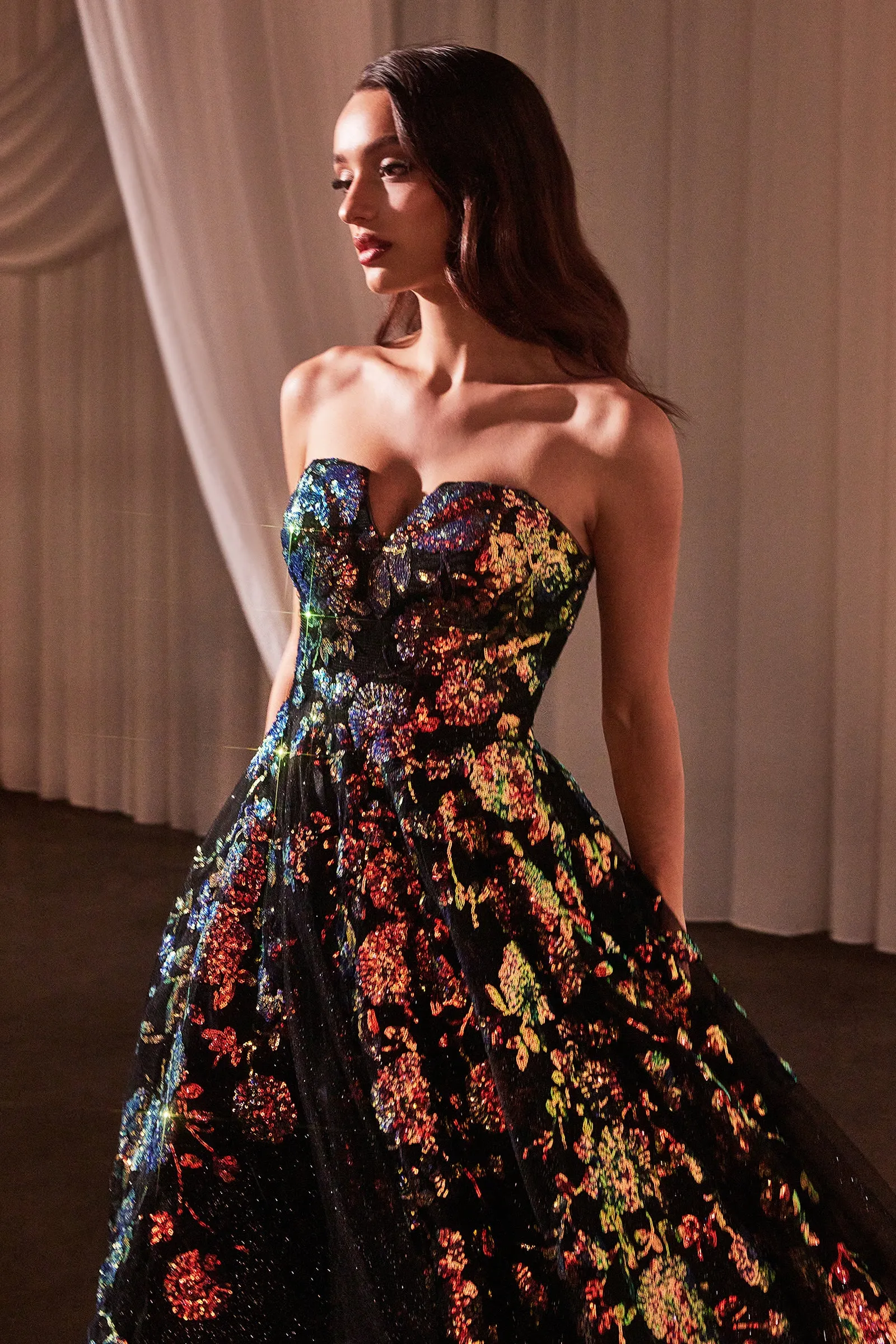 Floral Sequin Print Strapless Ball Gown by Ladivine CR380