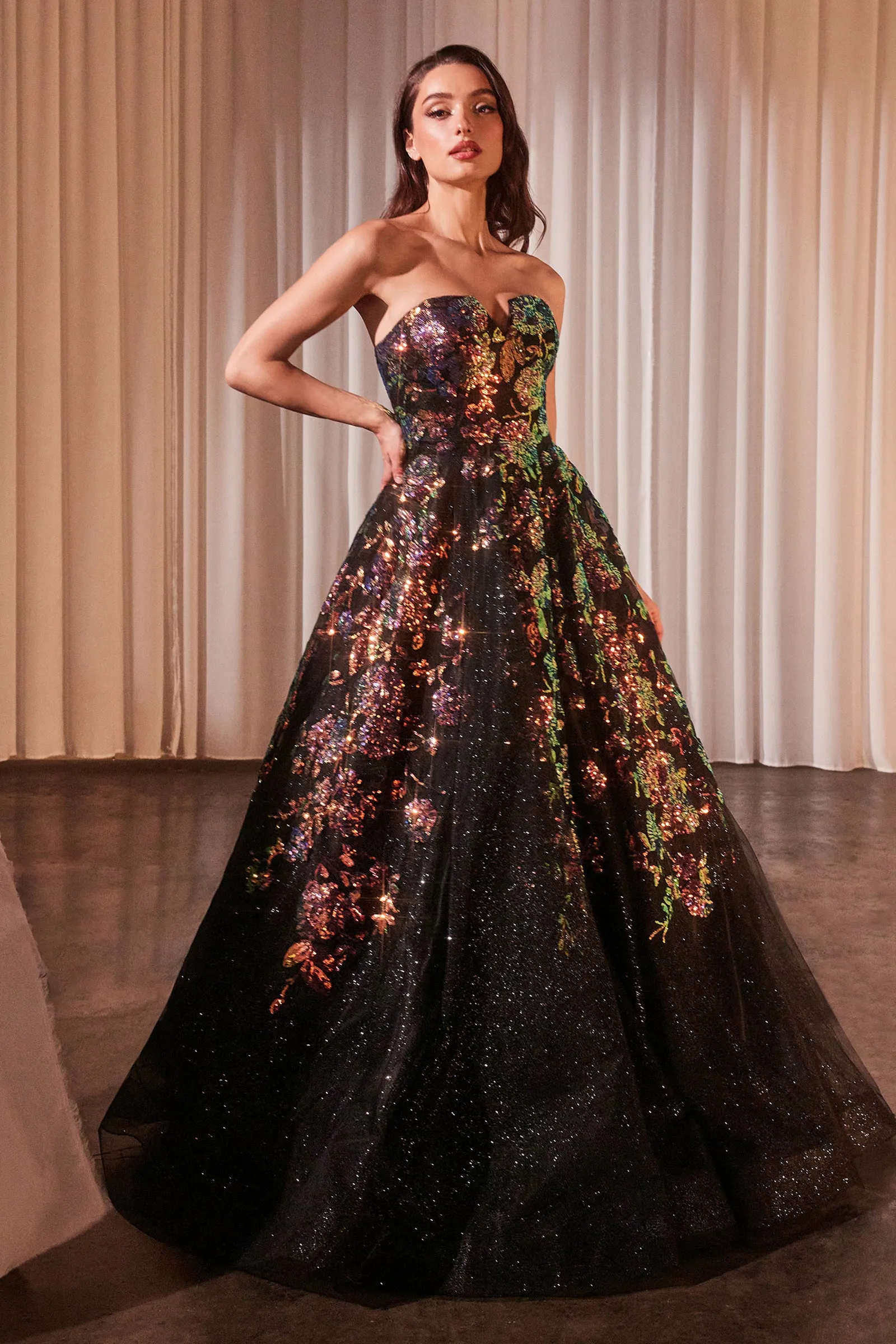 Floral Sequin Print Strapless Ball Gown by Ladivine CR380