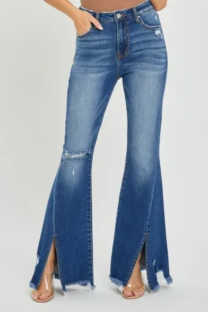 Front Slit Frayed Hem Flare Jeans