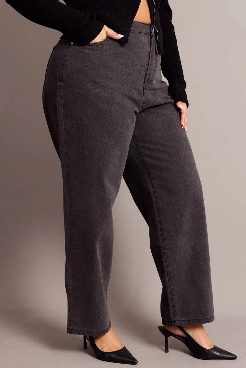 Grey Wide Leg Jeans High Rise