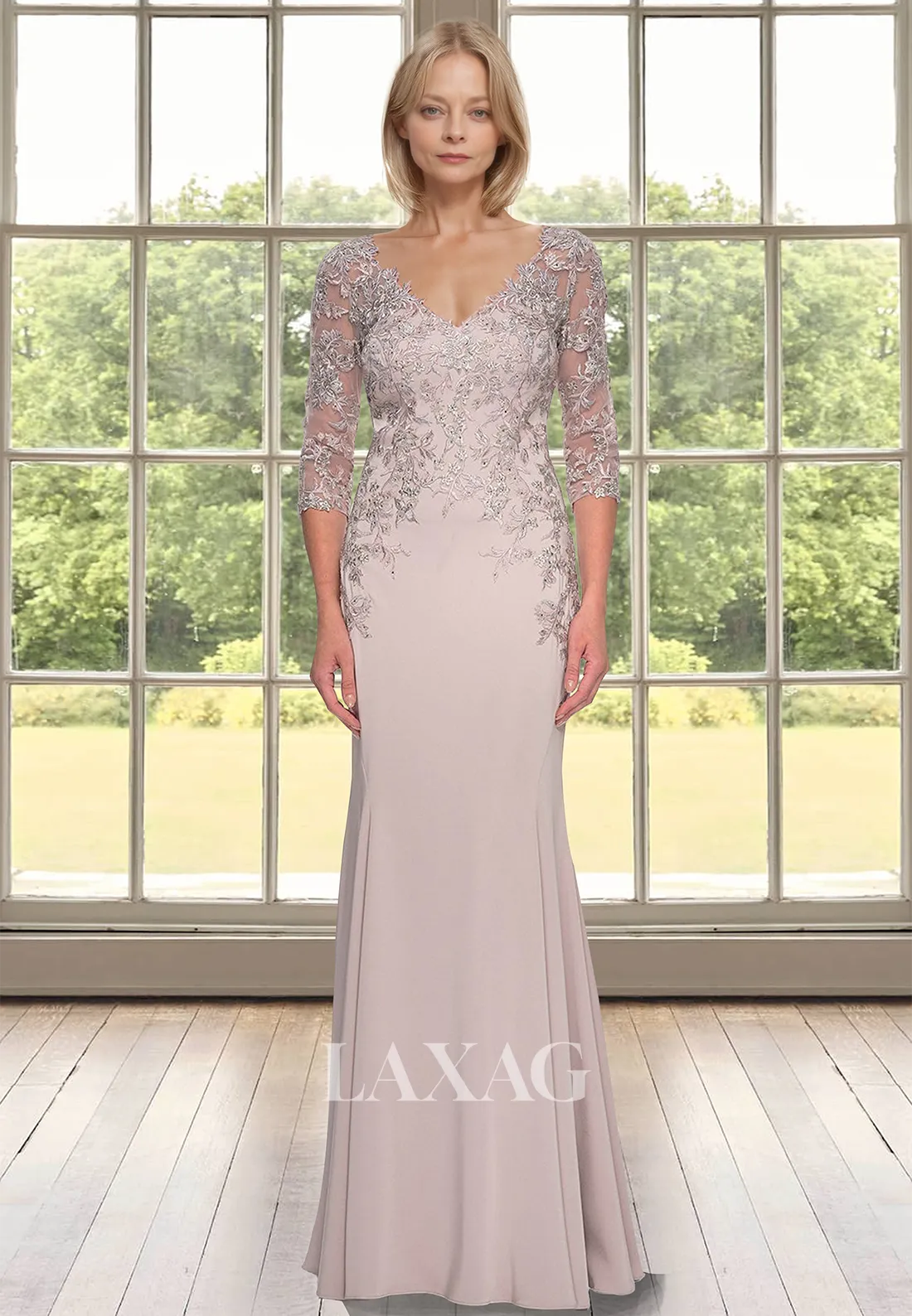 Half-Sleeves V-Neck Chiffon Cocktail Gowns Lace Applique Mearmaid Mother of the Bride Dress