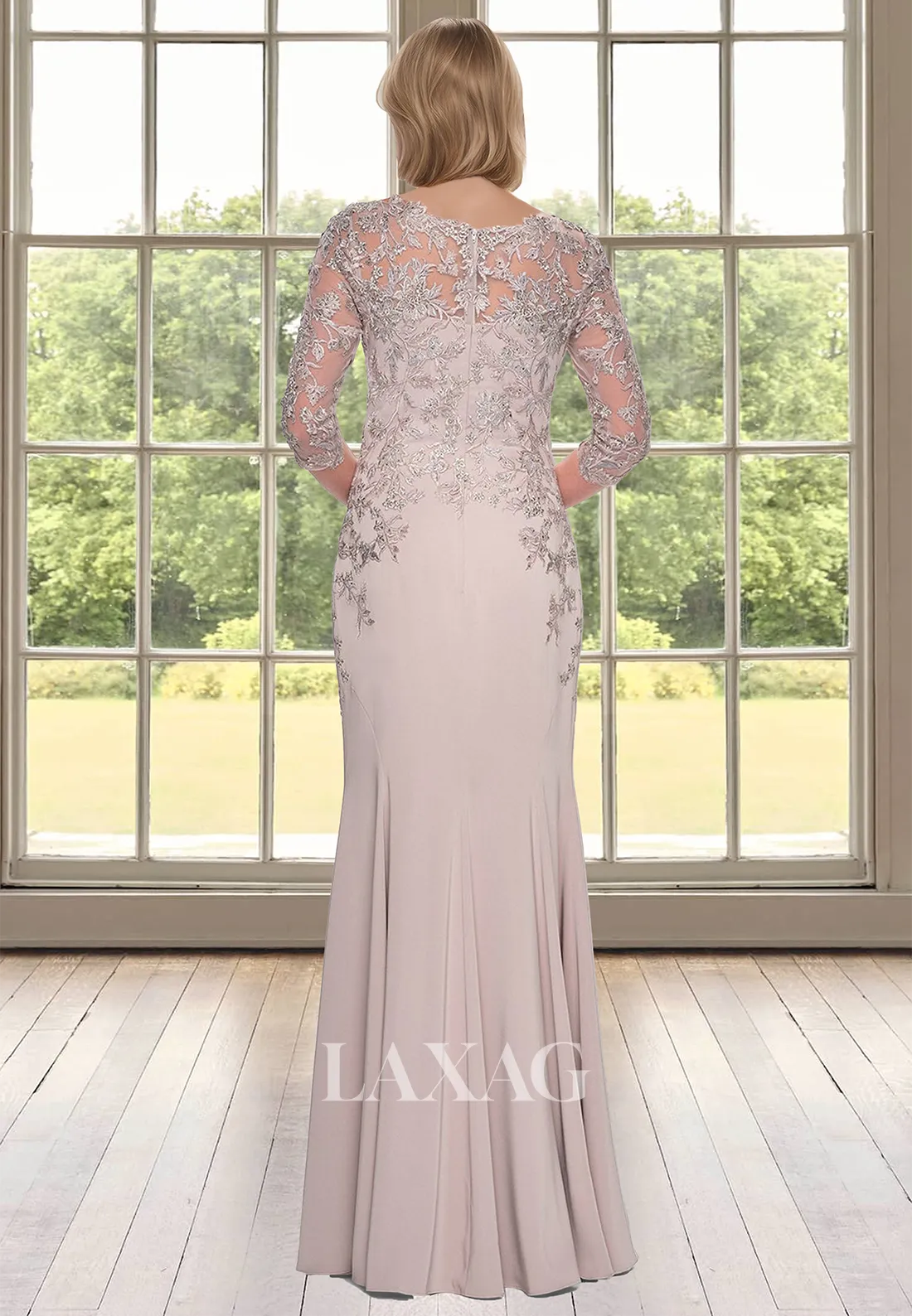 Half-Sleeves V-Neck Chiffon Cocktail Gowns Lace Applique Mearmaid Mother of the Bride Dress