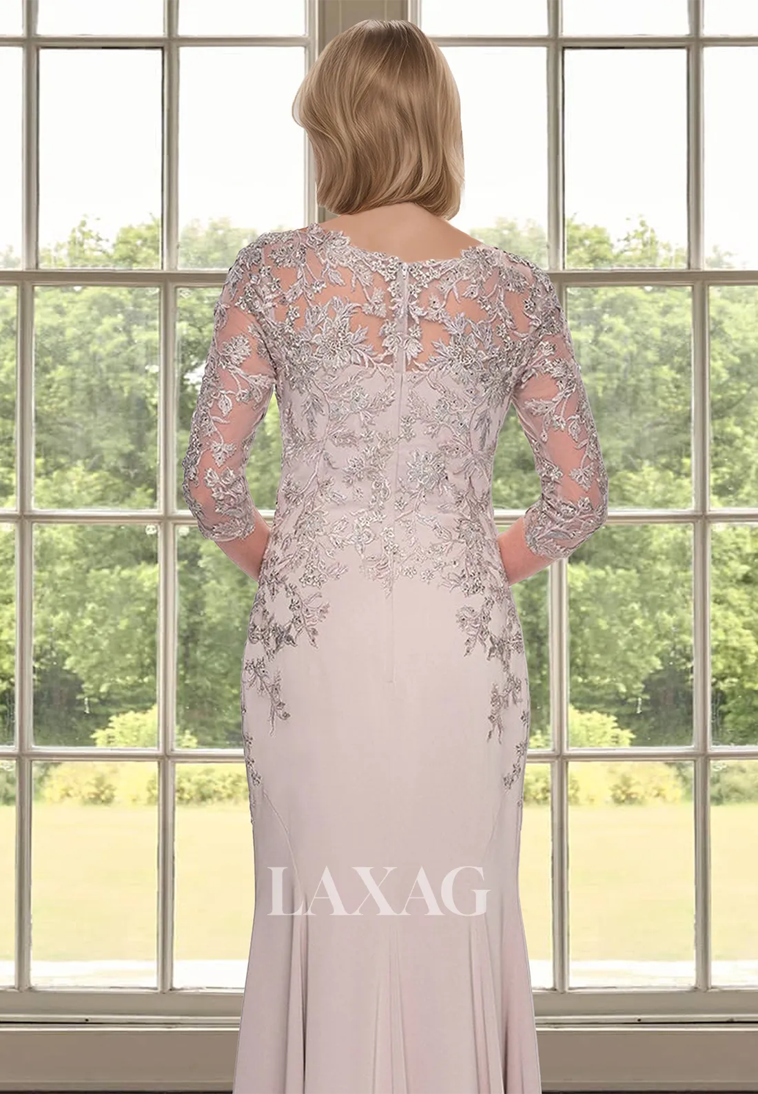 Half-Sleeves V-Neck Chiffon Cocktail Gowns Lace Applique Mearmaid Mother of the Bride Dress