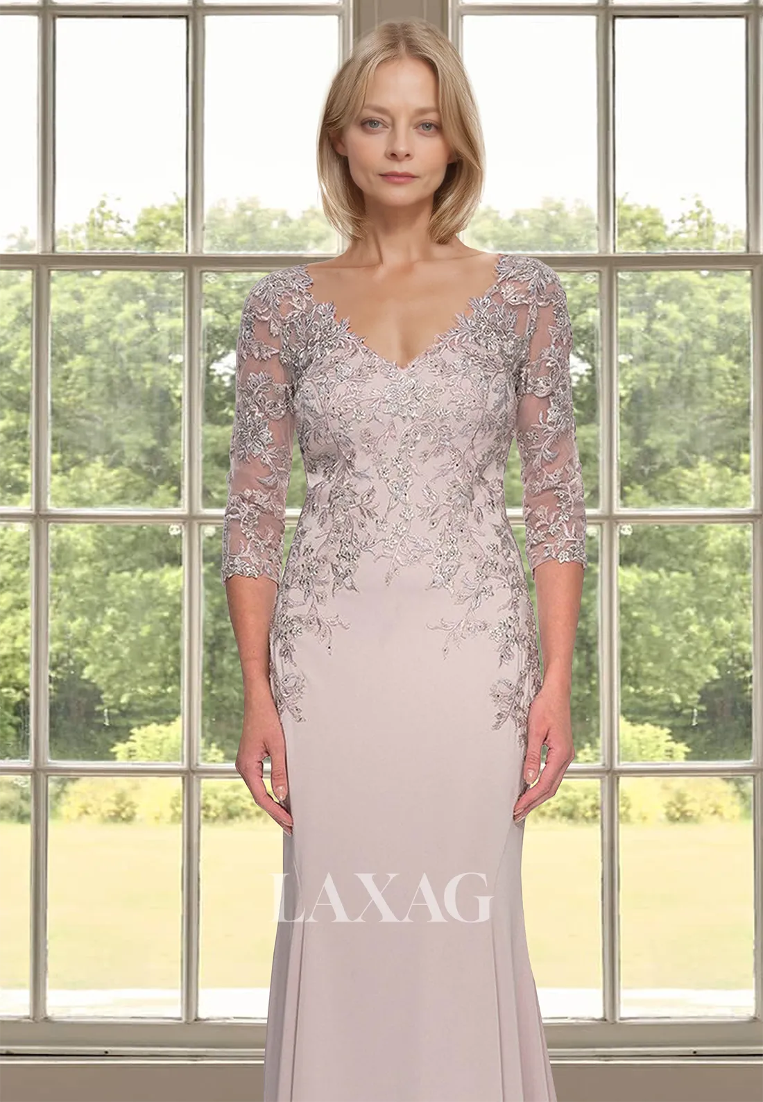 Half-Sleeves V-Neck Chiffon Cocktail Gowns Lace Applique Mearmaid Mother of the Bride Dress