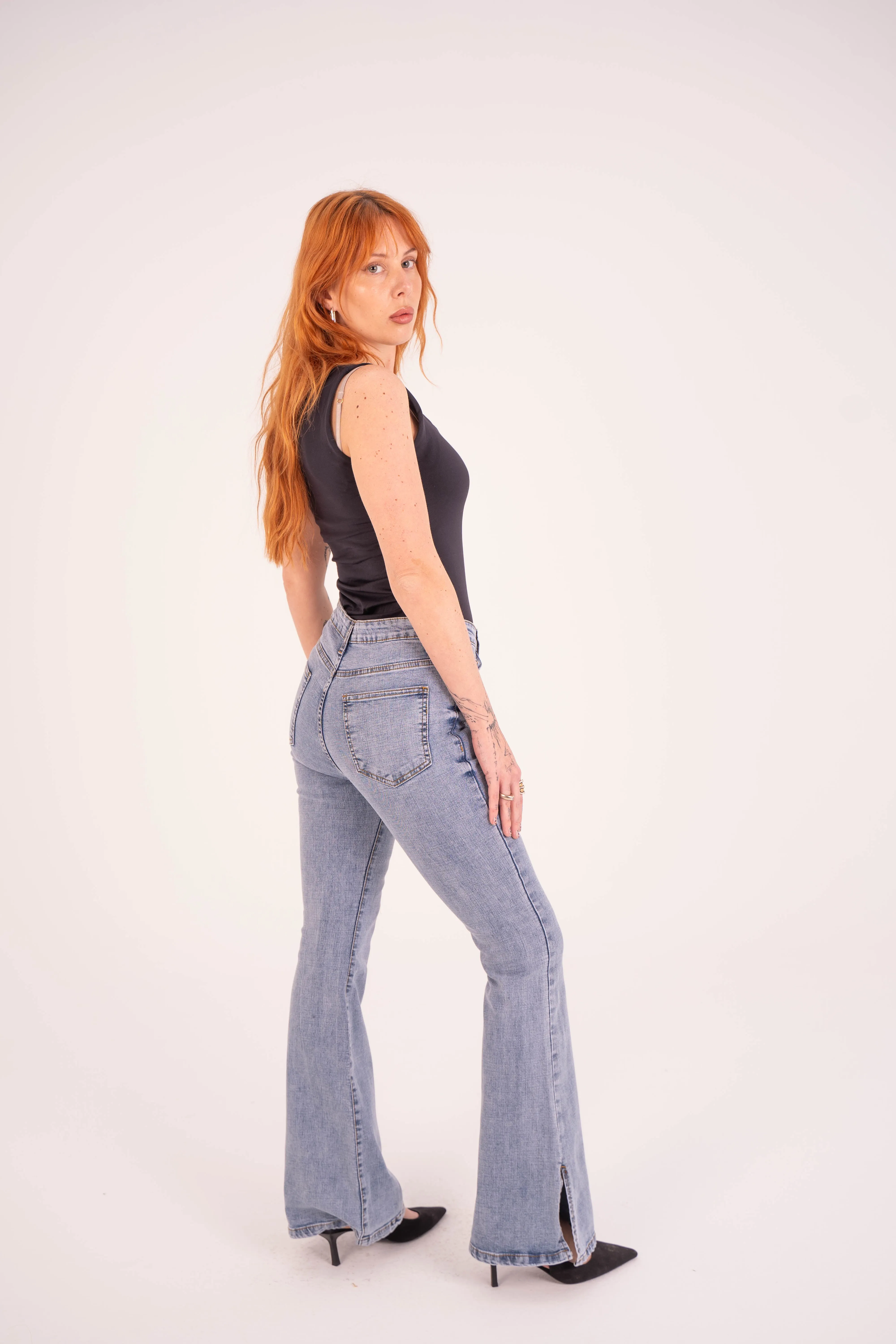 High-Waist Lghit Blue Split Hem Flare Jeans