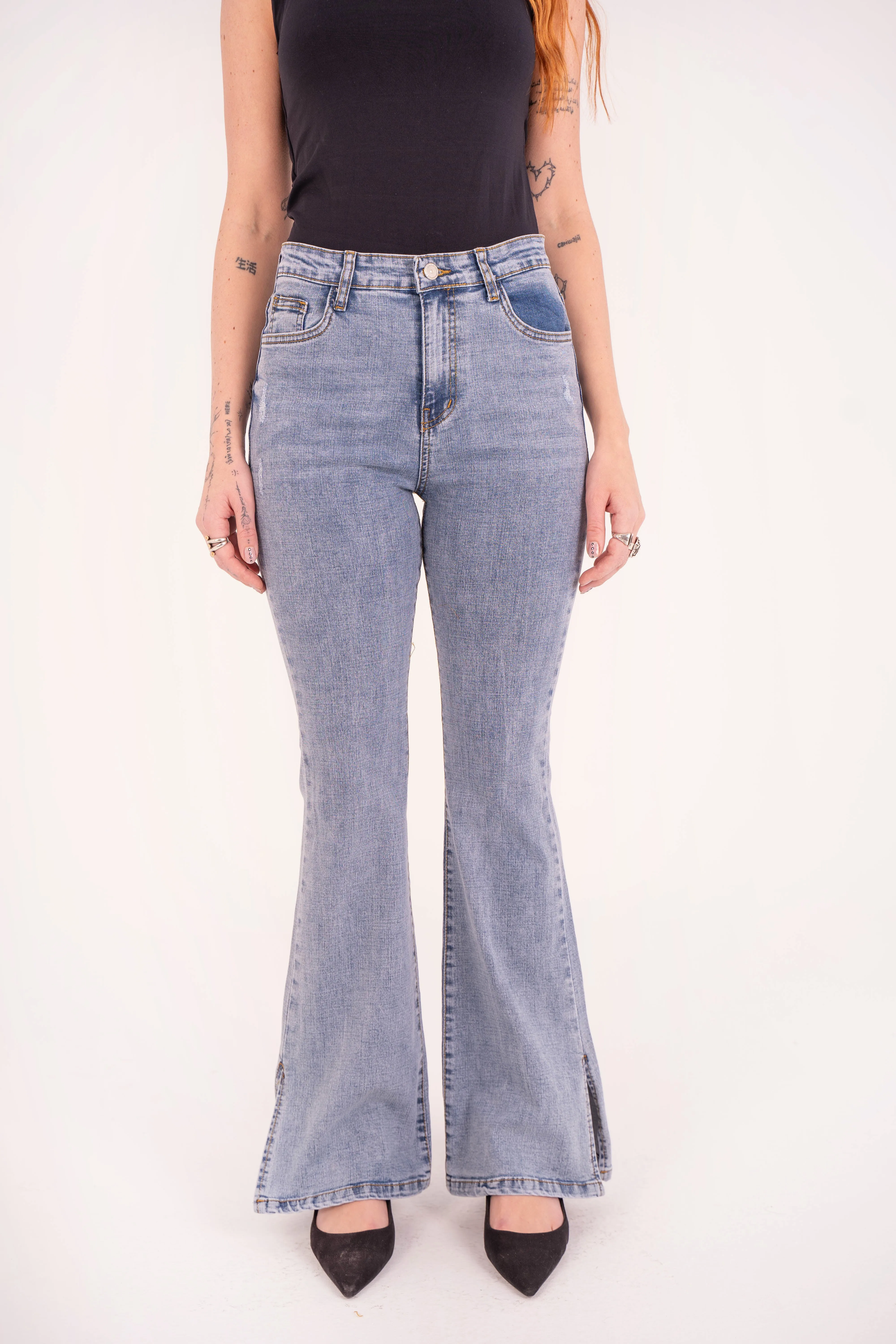 High-Waist Lghit Blue Split Hem Flare Jeans