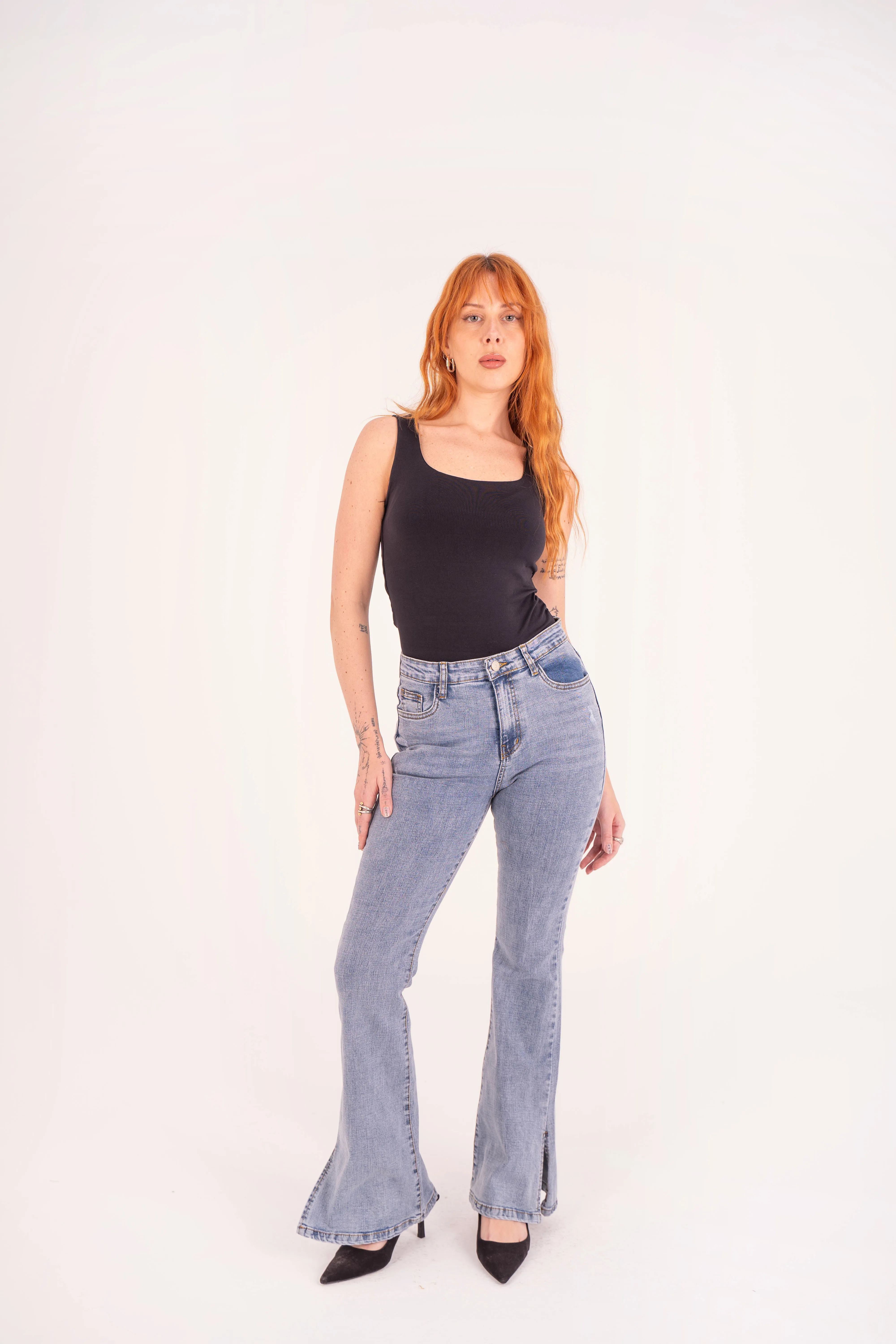 High-Waist Lghit Blue Split Hem Flare Jeans