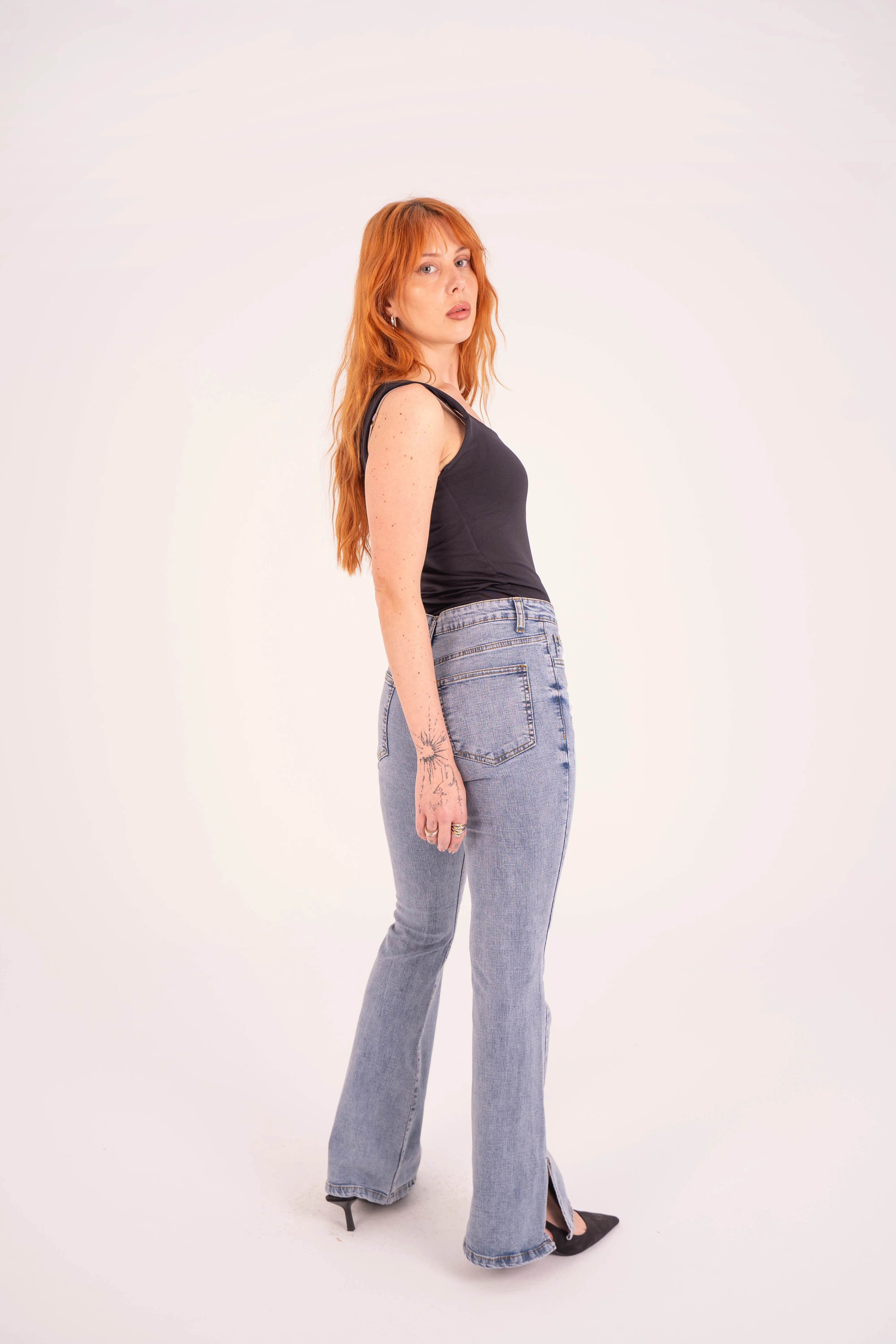 High-Waist Lghit Blue Split Hem Flare Jeans