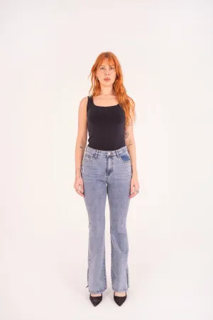 High-Waist Lghit Blue Split Hem Flare Jeans