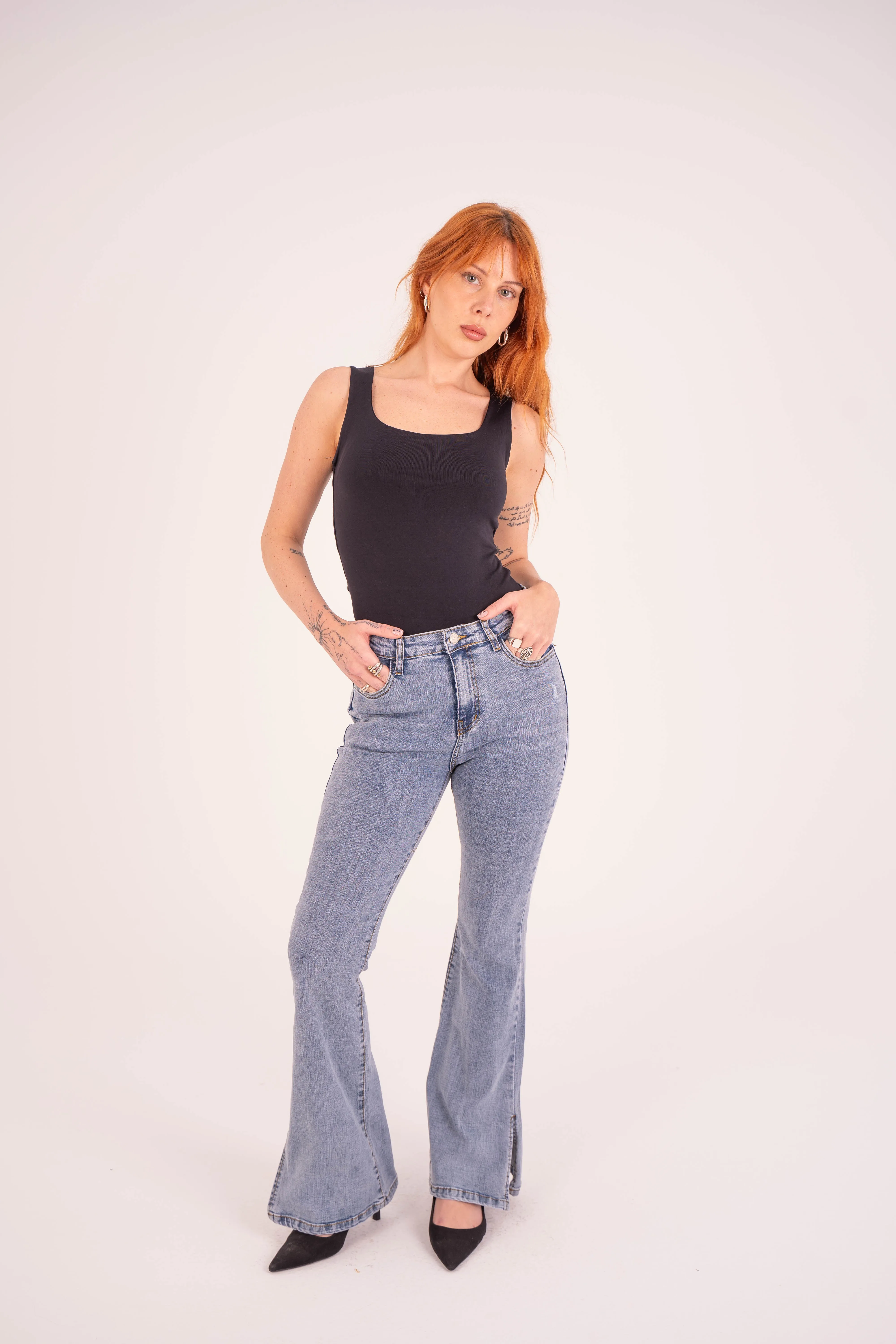 High-Waist Lghit Blue Split Hem Flare Jeans