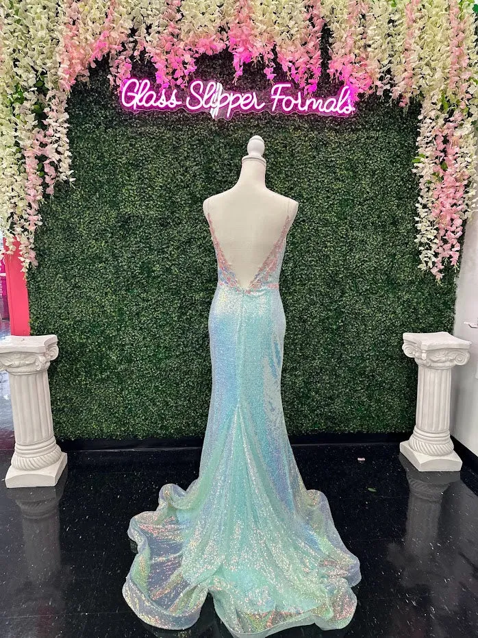 Johnathan Kayne 2266 Size 4 Iridescent Blue Sequin Custom Pageant Dress Prom Gown