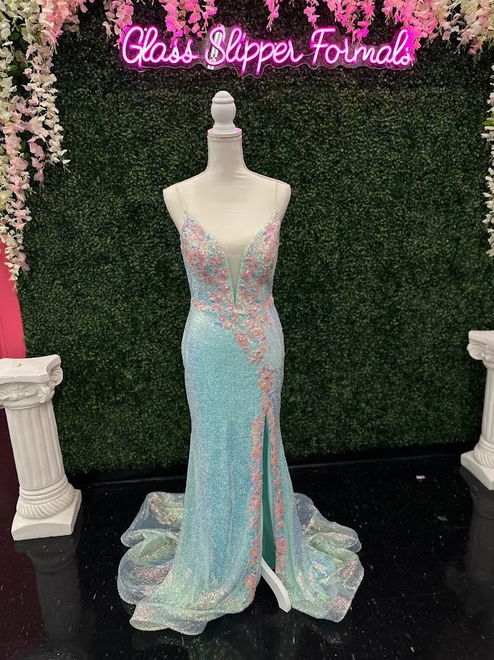 Johnathan Kayne 2266 Size 4 Iridescent Blue Sequin Custom Pageant Dress Prom Gown