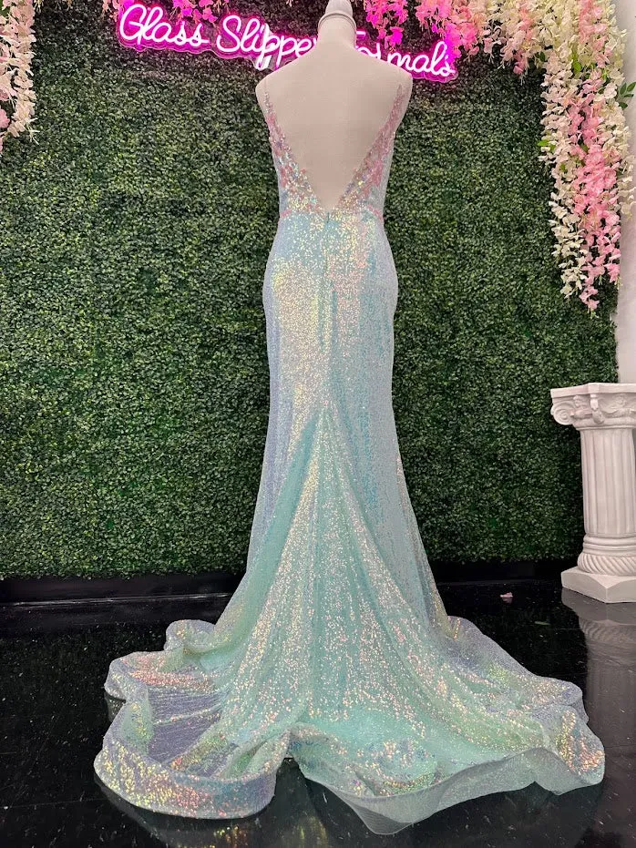 Johnathan Kayne 2266 Size 4 Iridescent Blue Sequin Custom Pageant Dress Prom Gown