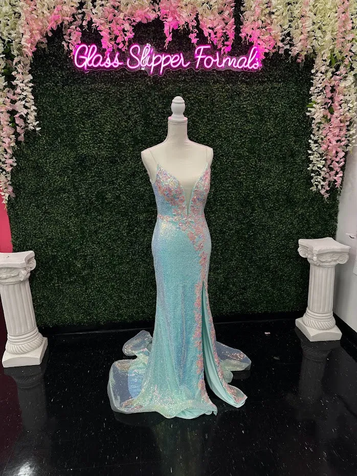 Johnathan Kayne 2266 Size 4 Iridescent Blue Sequin Custom Pageant Dress Prom Gown