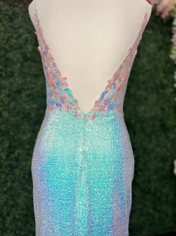 Johnathan Kayne 2266 Size 4 Iridescent Blue Sequin Custom Pageant Dress Prom Gown