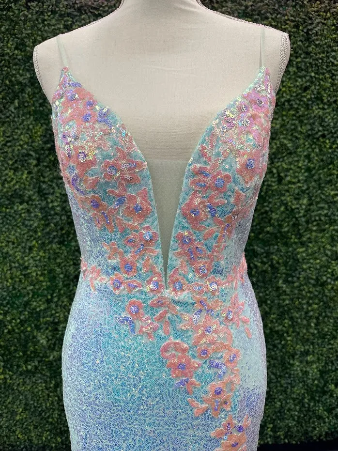 Johnathan Kayne 2266 Size 4 Iridescent Blue Sequin Custom Pageant Dress Prom Gown