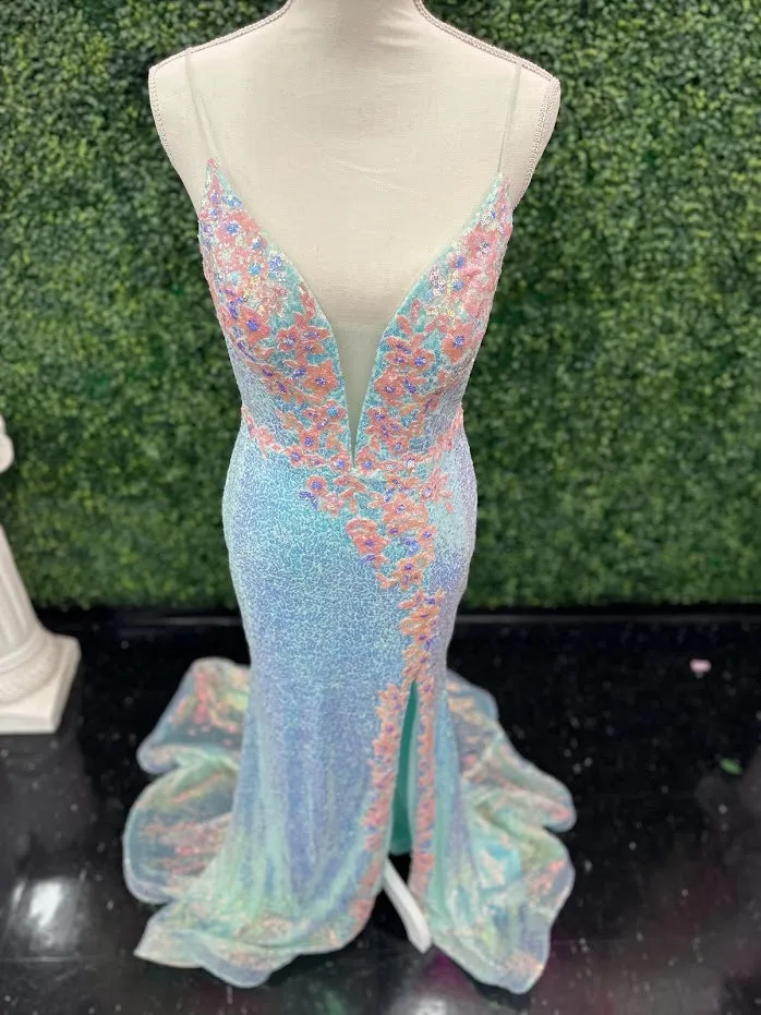 Johnathan Kayne 2266 Size 4 Iridescent Blue Sequin Custom Pageant Dress Prom Gown