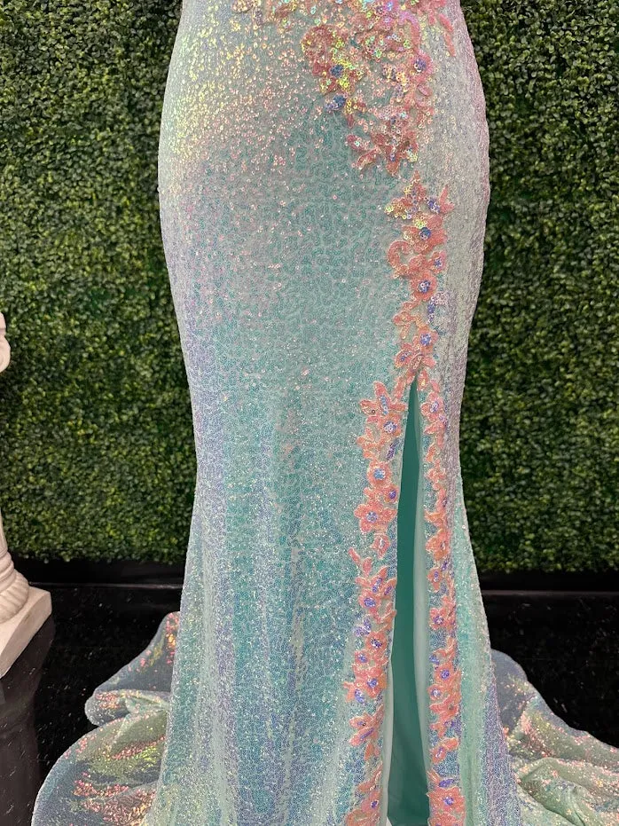 Johnathan Kayne 2266 Size 4 Iridescent Blue Sequin Custom Pageant Dress Prom Gown