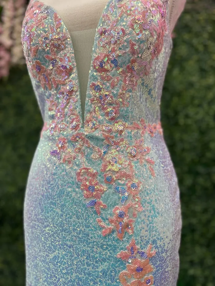 Johnathan Kayne 2266 Size 4 Iridescent Blue Sequin Custom Pageant Dress Prom Gown