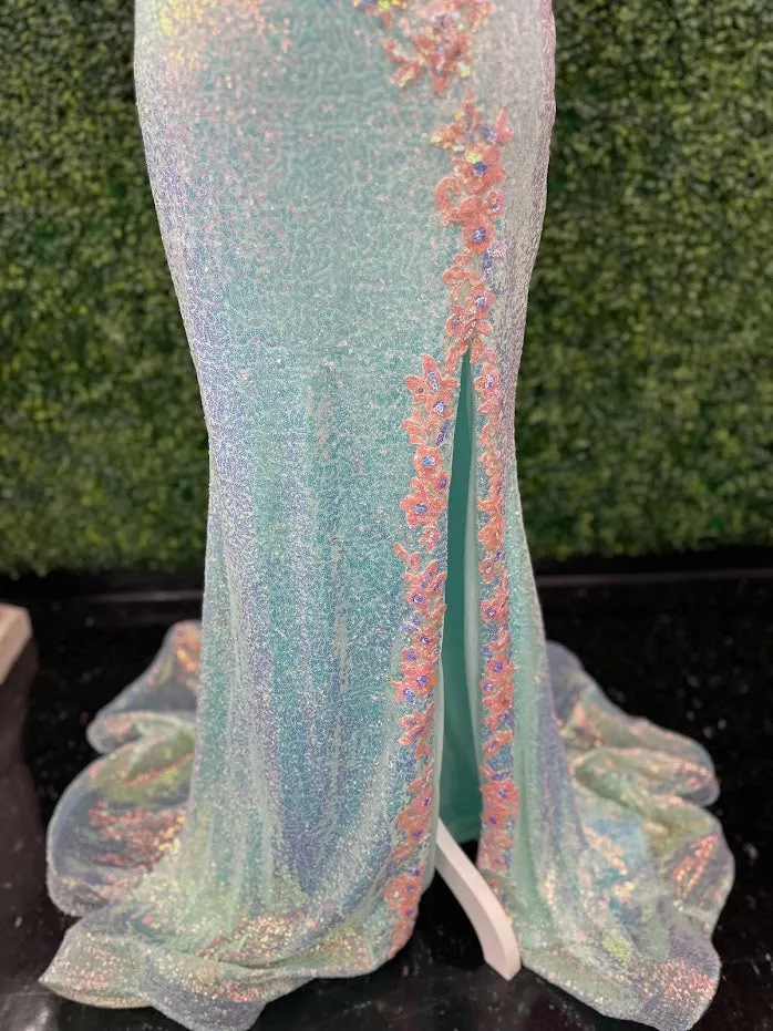 Johnathan Kayne 2266 Size 4 Iridescent Blue Sequin Custom Pageant Dress Prom Gown