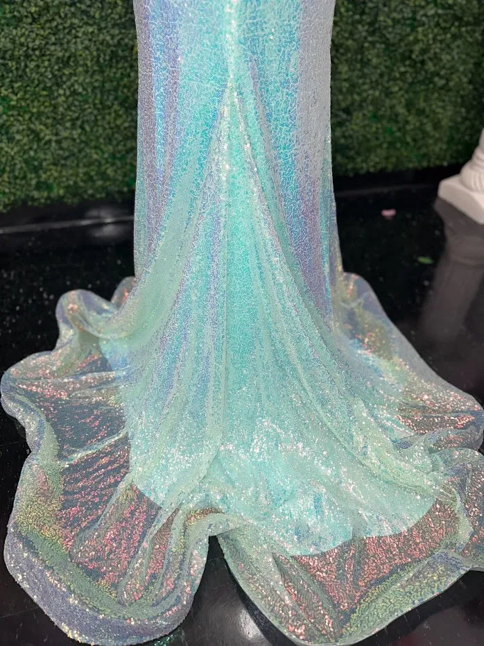 Johnathan Kayne 2266 Size 4 Iridescent Blue Sequin Custom Pageant Dress Prom Gown