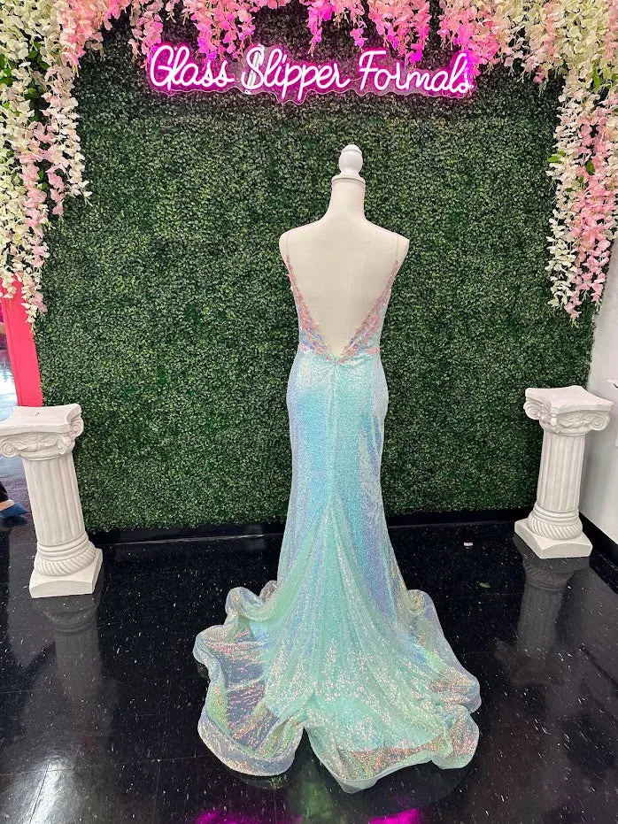 Johnathan Kayne 2266 Size 4 Iridescent Blue Sequin Custom Pageant Dress Prom Gown
